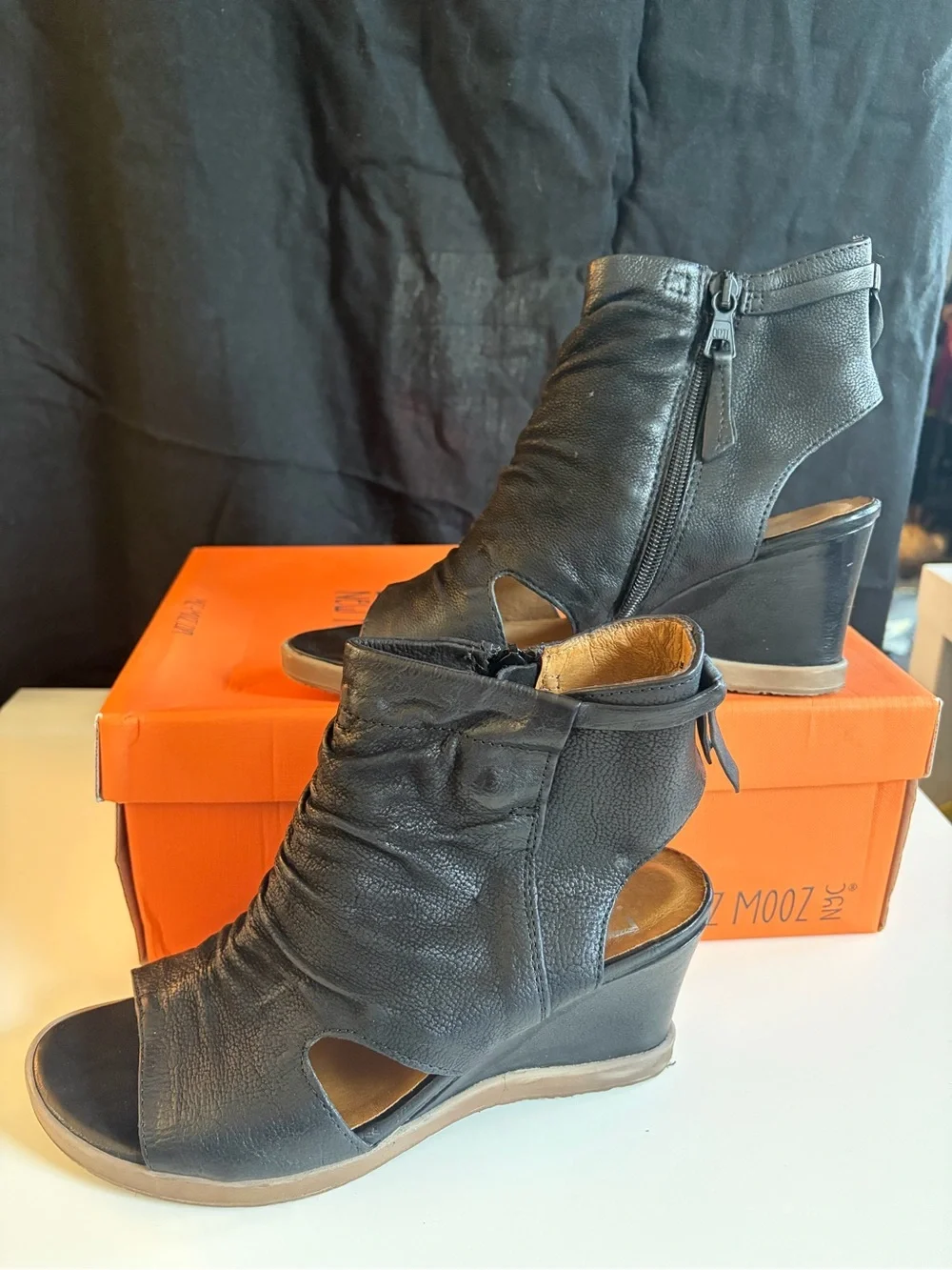 Miz Mooz Becca size 38 (8 ish women )Wedge Peep-Toe Ankle Boots in Black